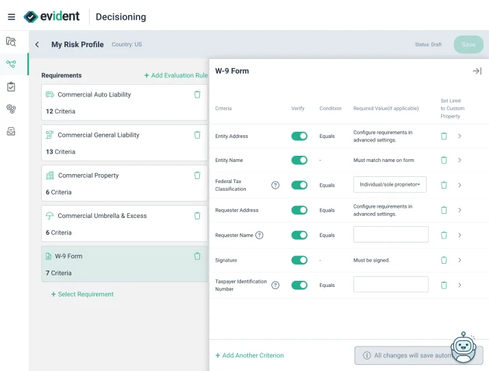 AI-driven automated evaluations COI Tracking Evident Product Screenshot