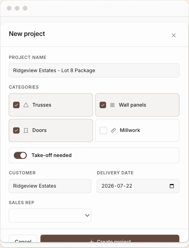 Creating a jobsite project with trusses, wall panels and doors connected to one customer and delivery date