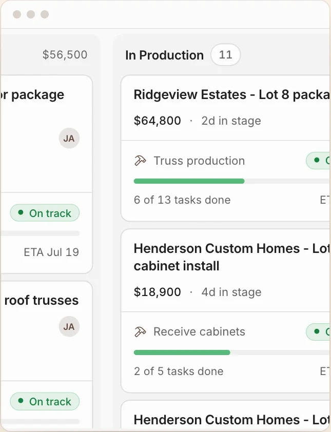 Project board showing production progress and expected timing for customer updates