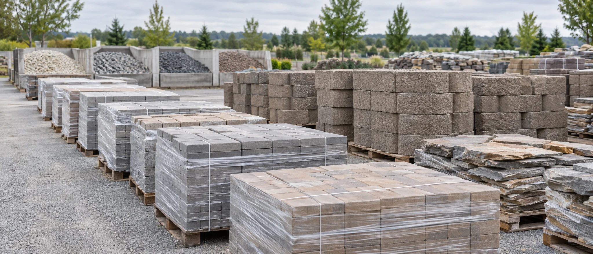 Hardscape supply yard with wrapped pallets of pavers, retaining wall block, and natural stone