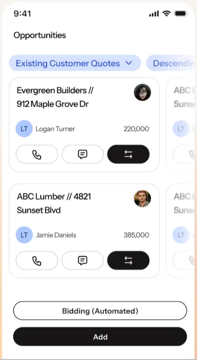 SalesJack mobile opportunities view with customer and account details