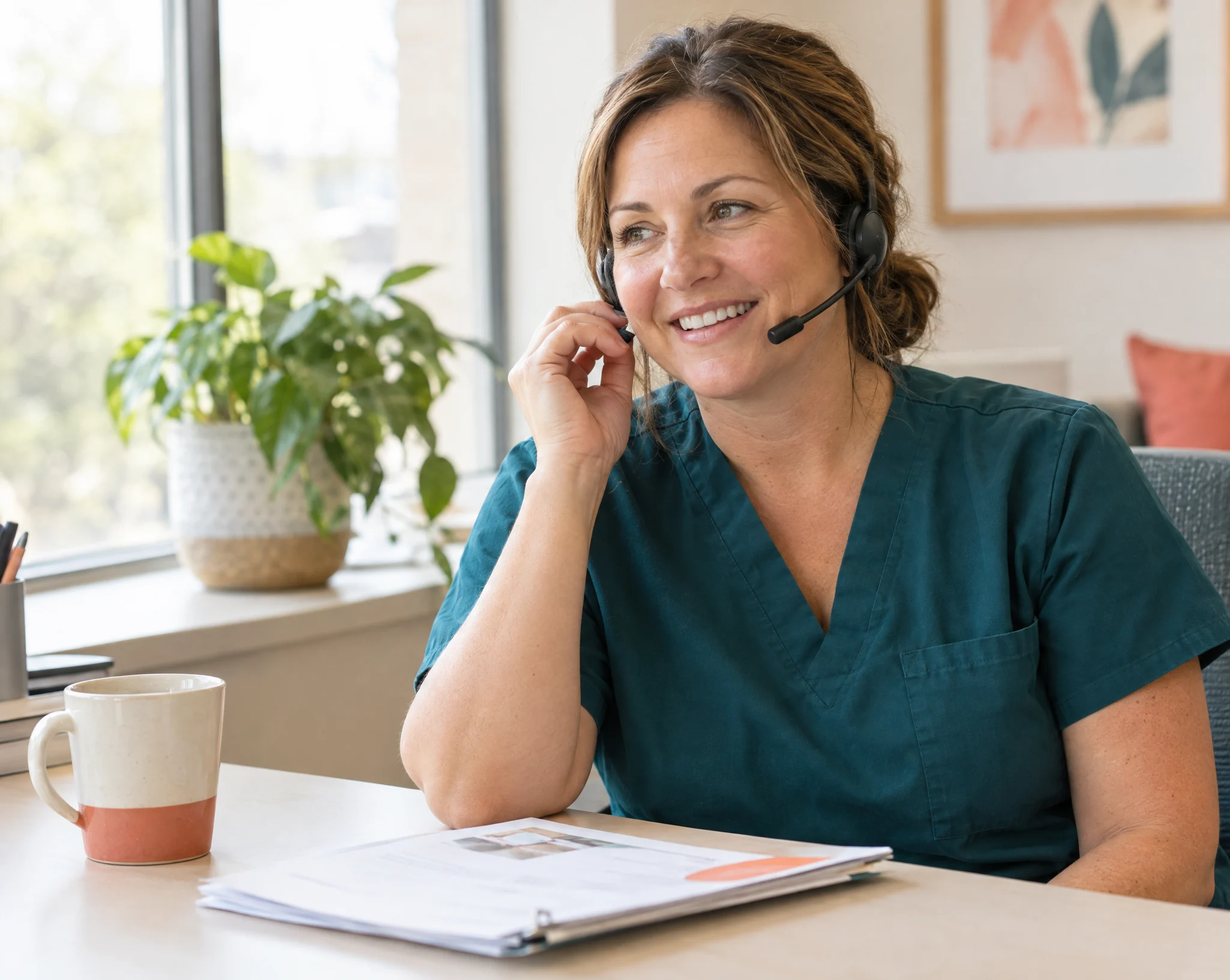 Smiling intake nurse in teal scrubs talking with a family on her headset