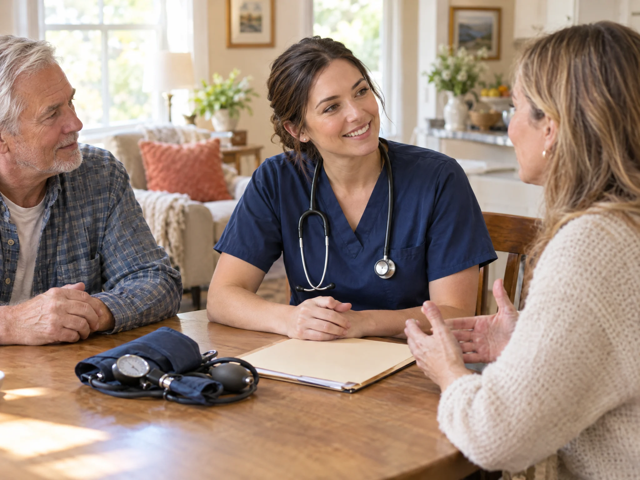 Home health nurse at a kitchen table listening to a patient and his daughter