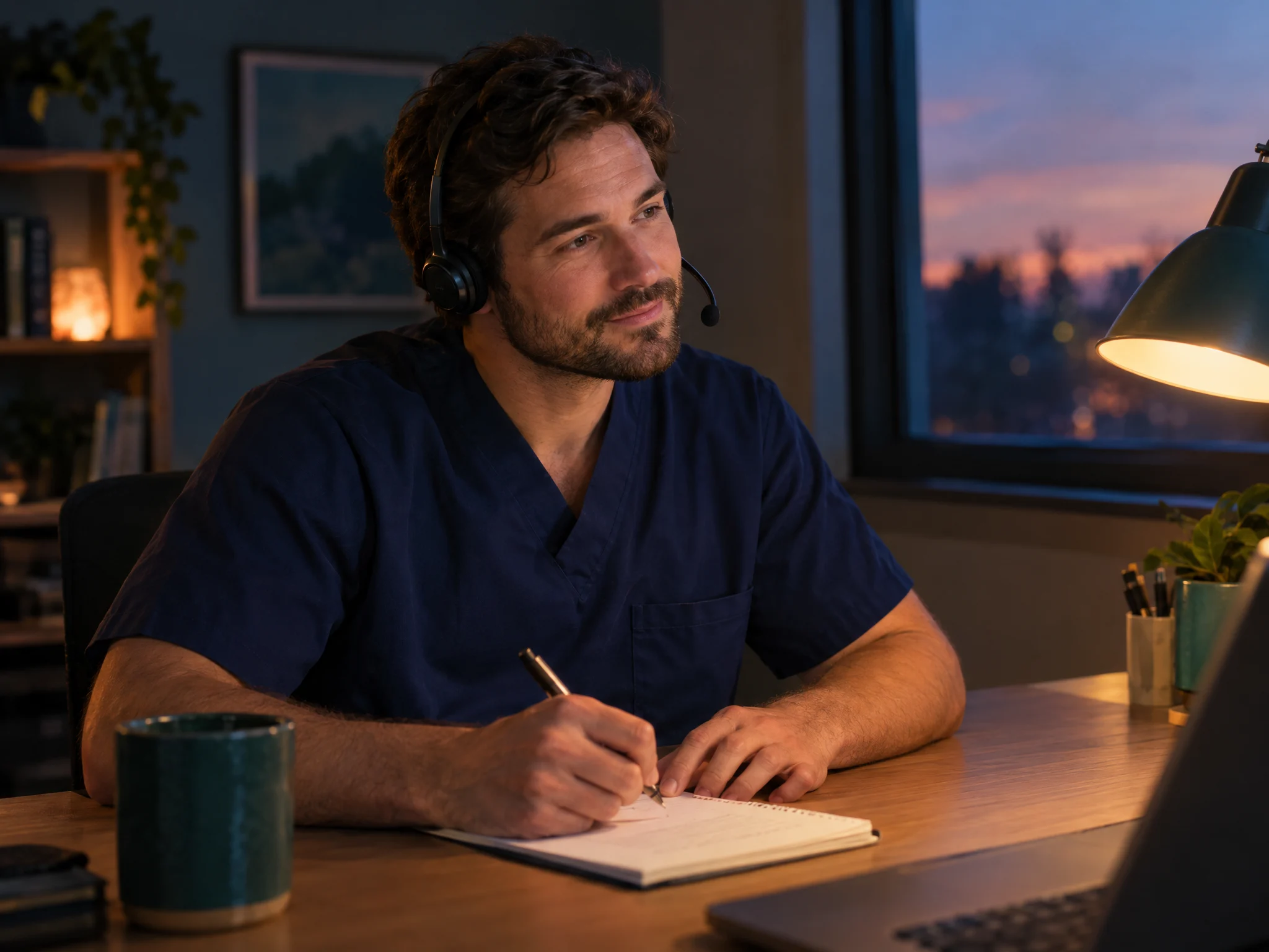 On-call nurse wearing a headset taking an evening call