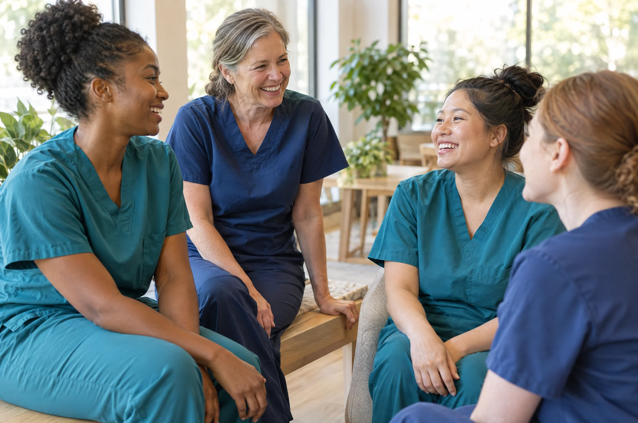 Four nurses in teal and navy scrubs talking and laughing together