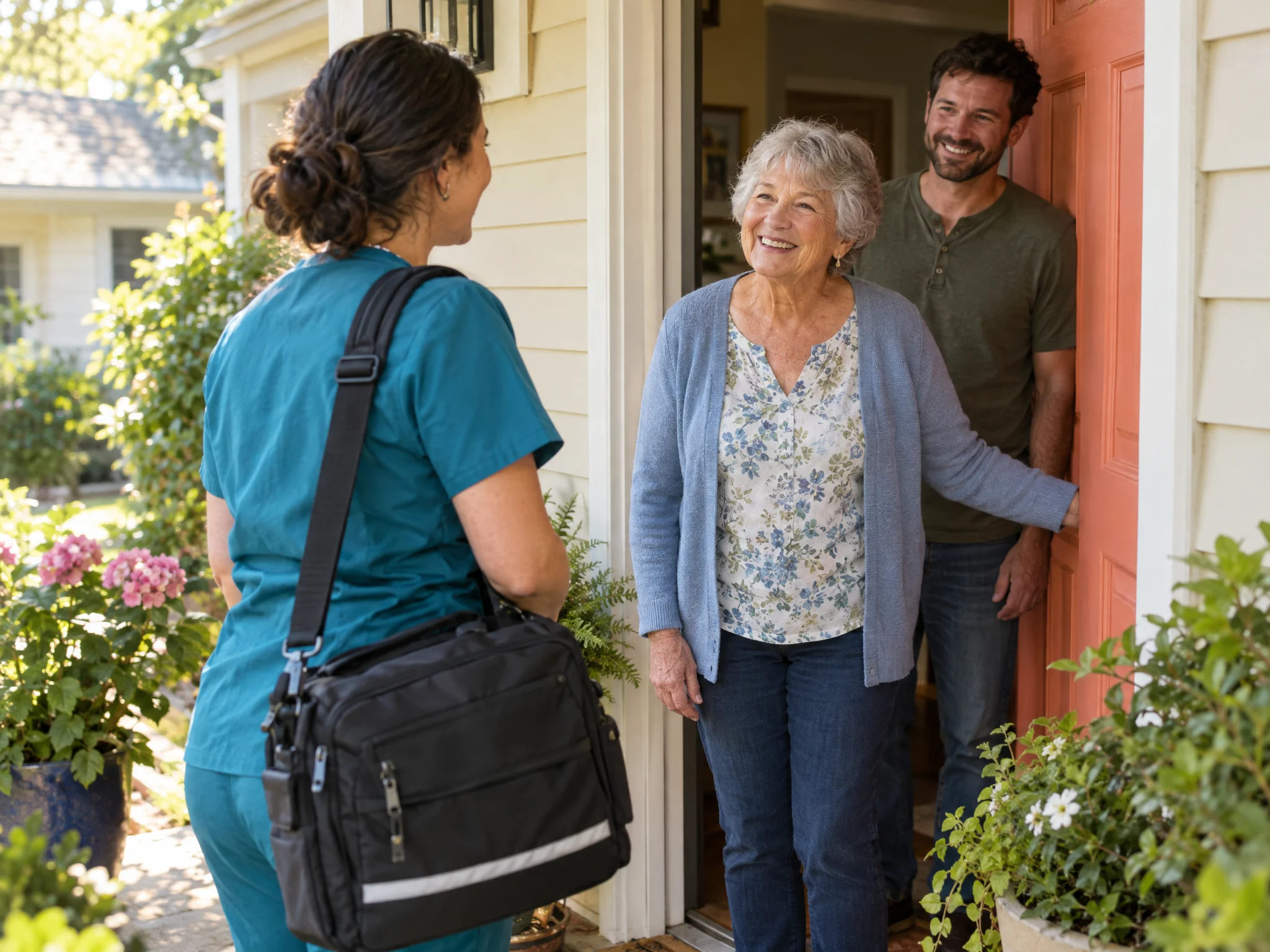 Home health nurse welcomed at the front door by a patient and her son