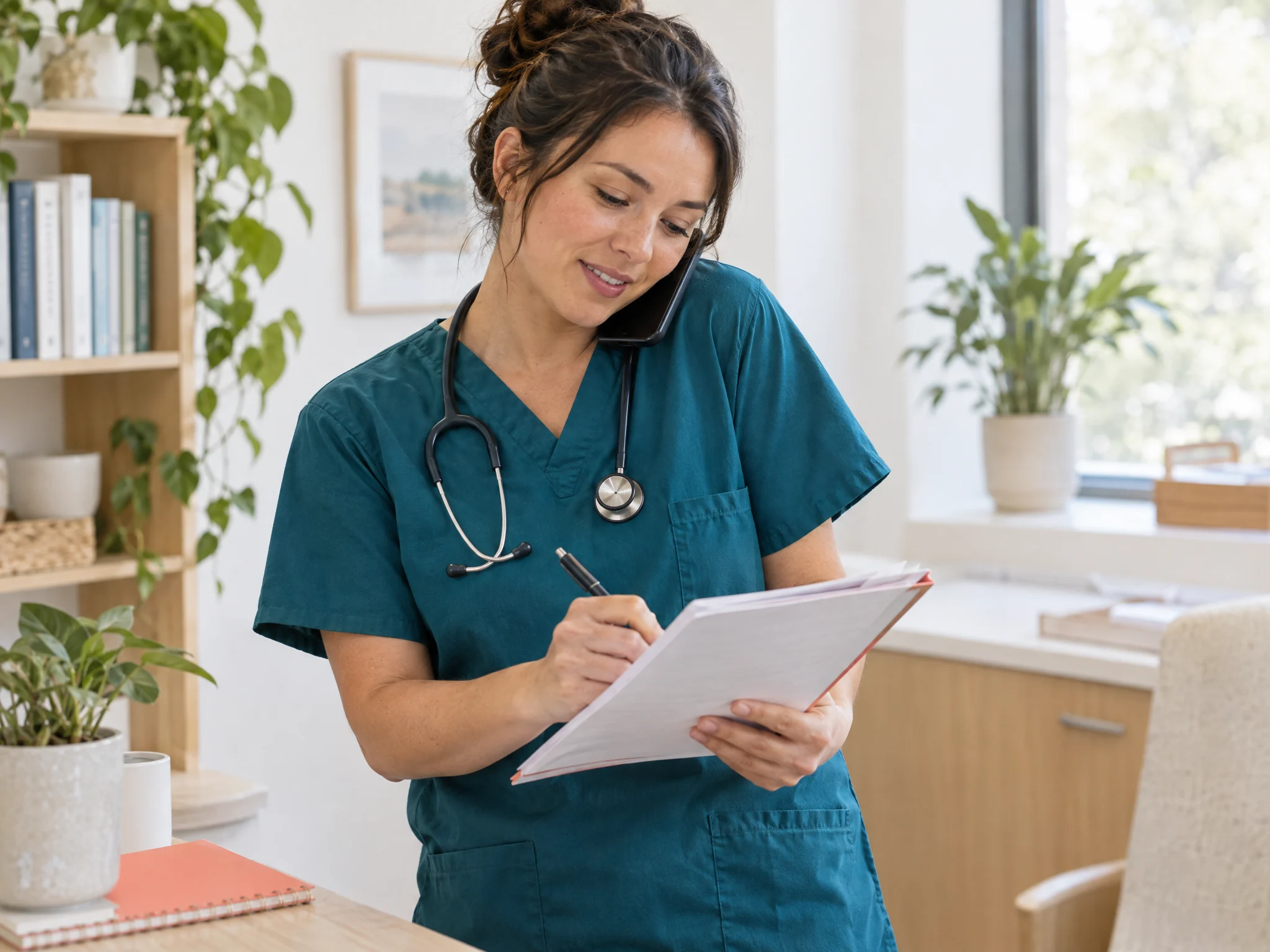 Nurse on the phone taking notes on a referral packet