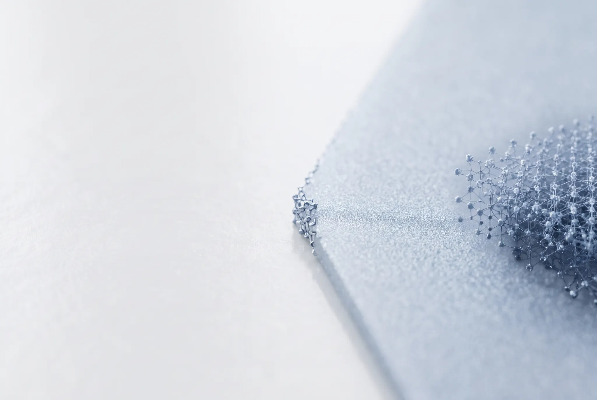 Pale editorial visualization of light passing through a layered material surface