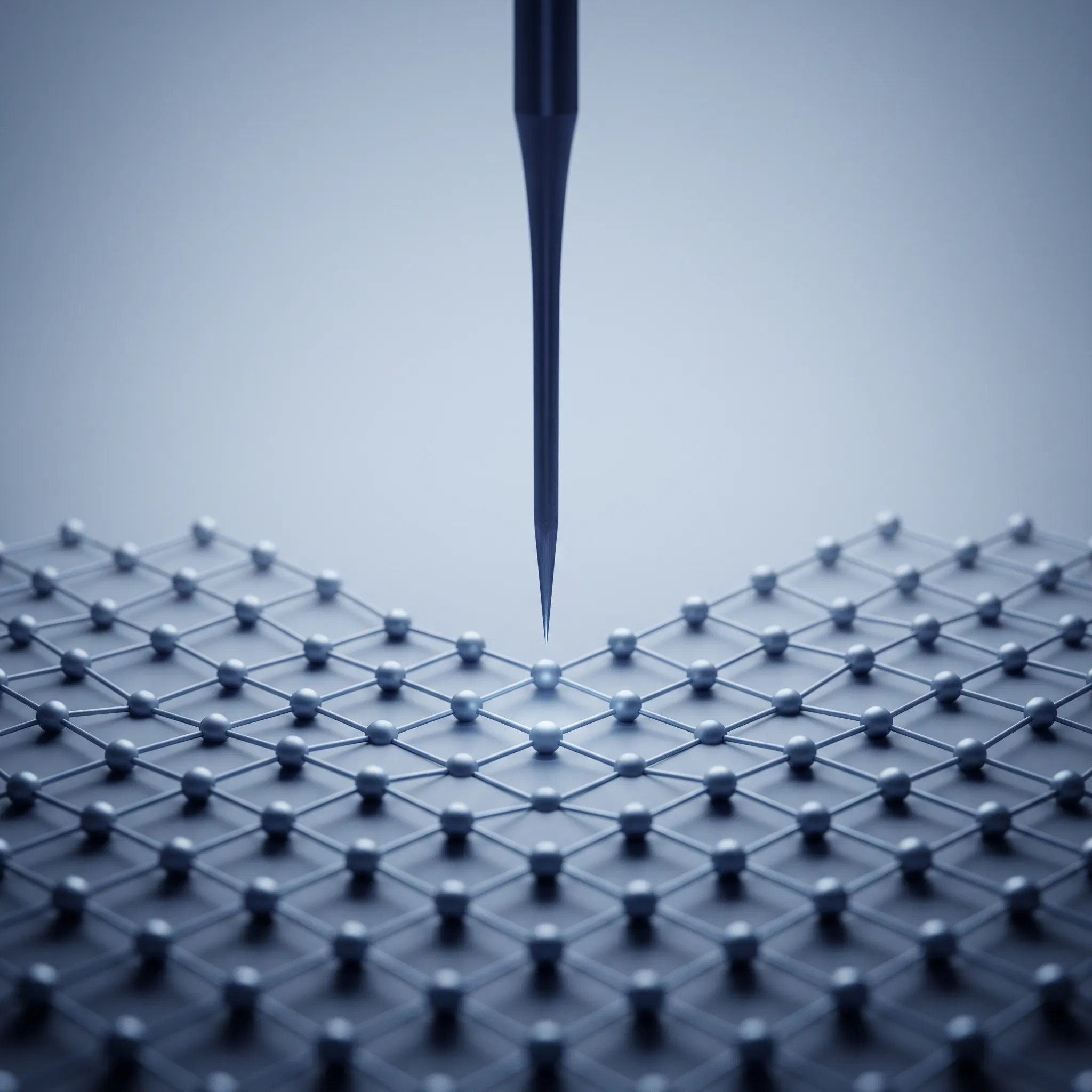 Illustration of a thin STM tip hovering above an atomic lattice