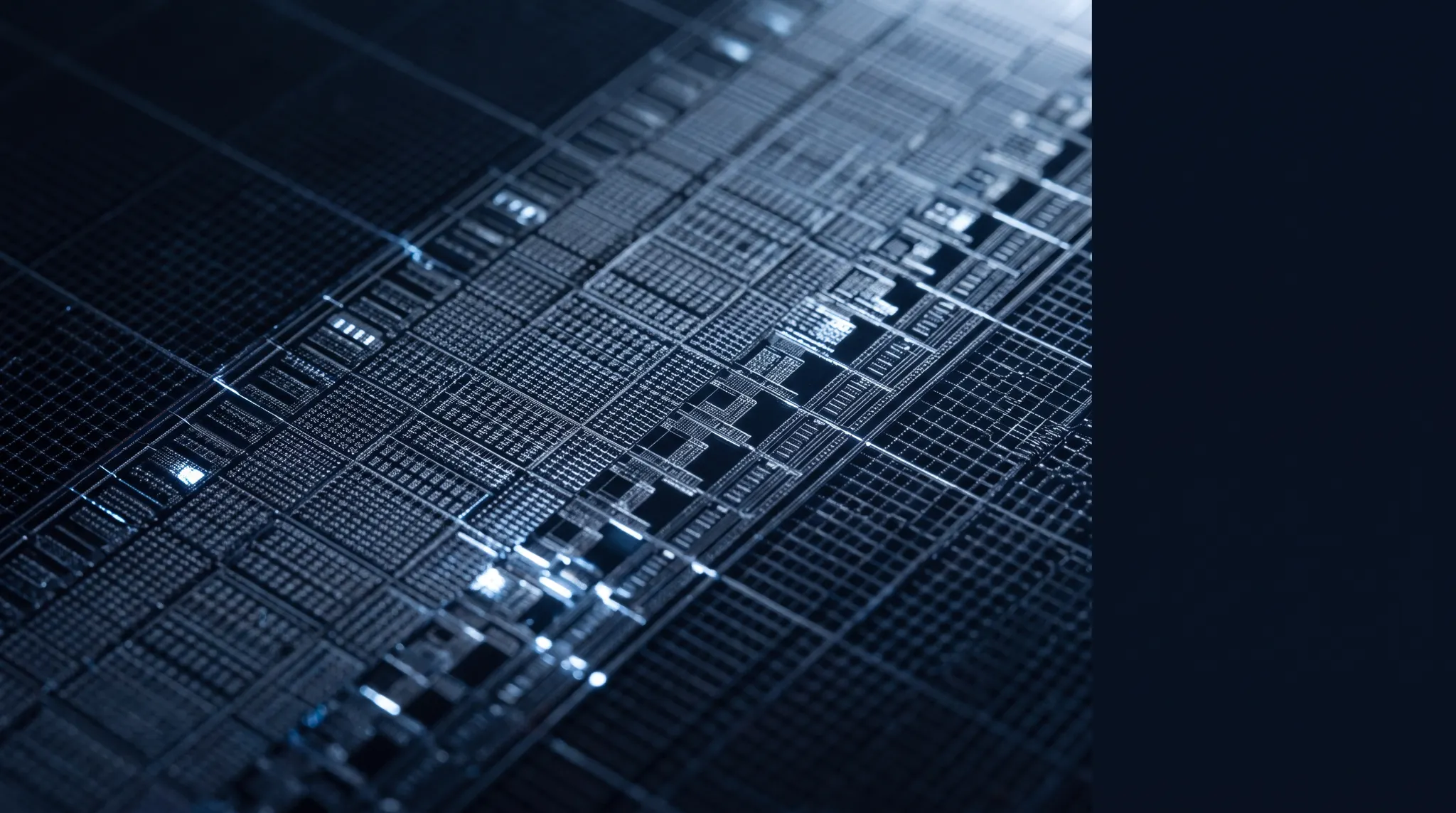 Editorial visualization of a dark wafer and a luminous atomic lattice