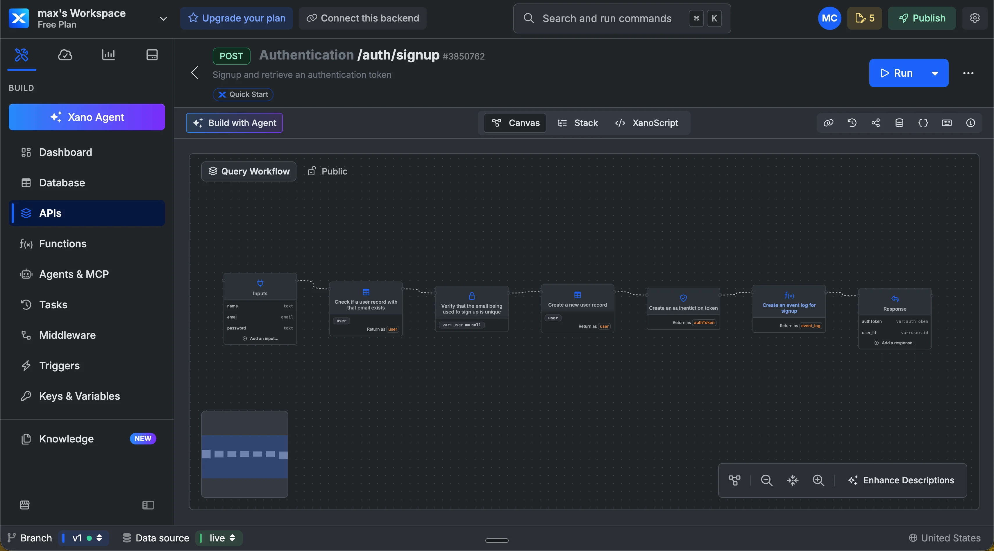 Xano API builder showing an authentication signup query workflow on the visual canvas