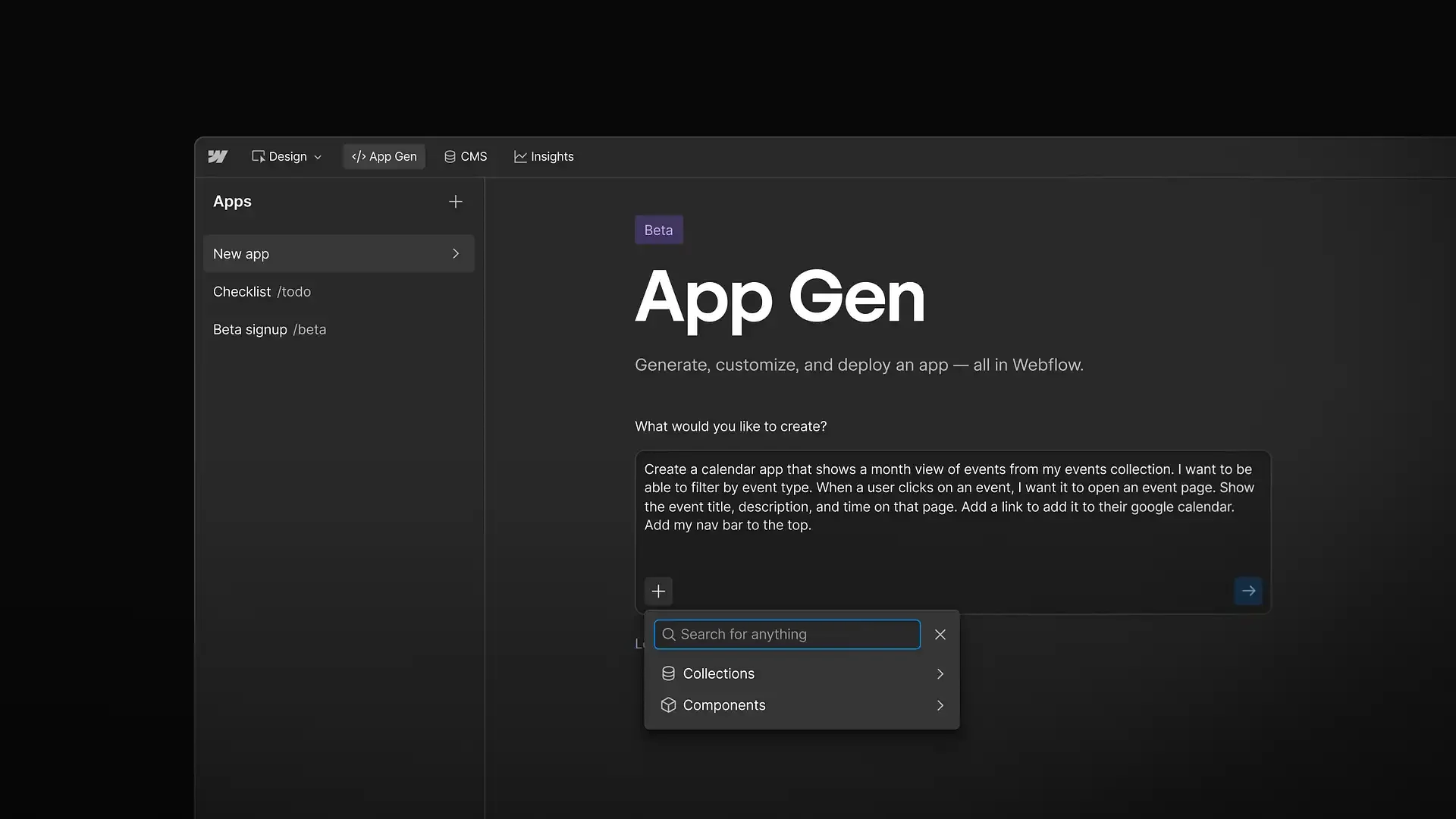 Official Webflow App Gen interface showing a new app prompt connected to collections and components