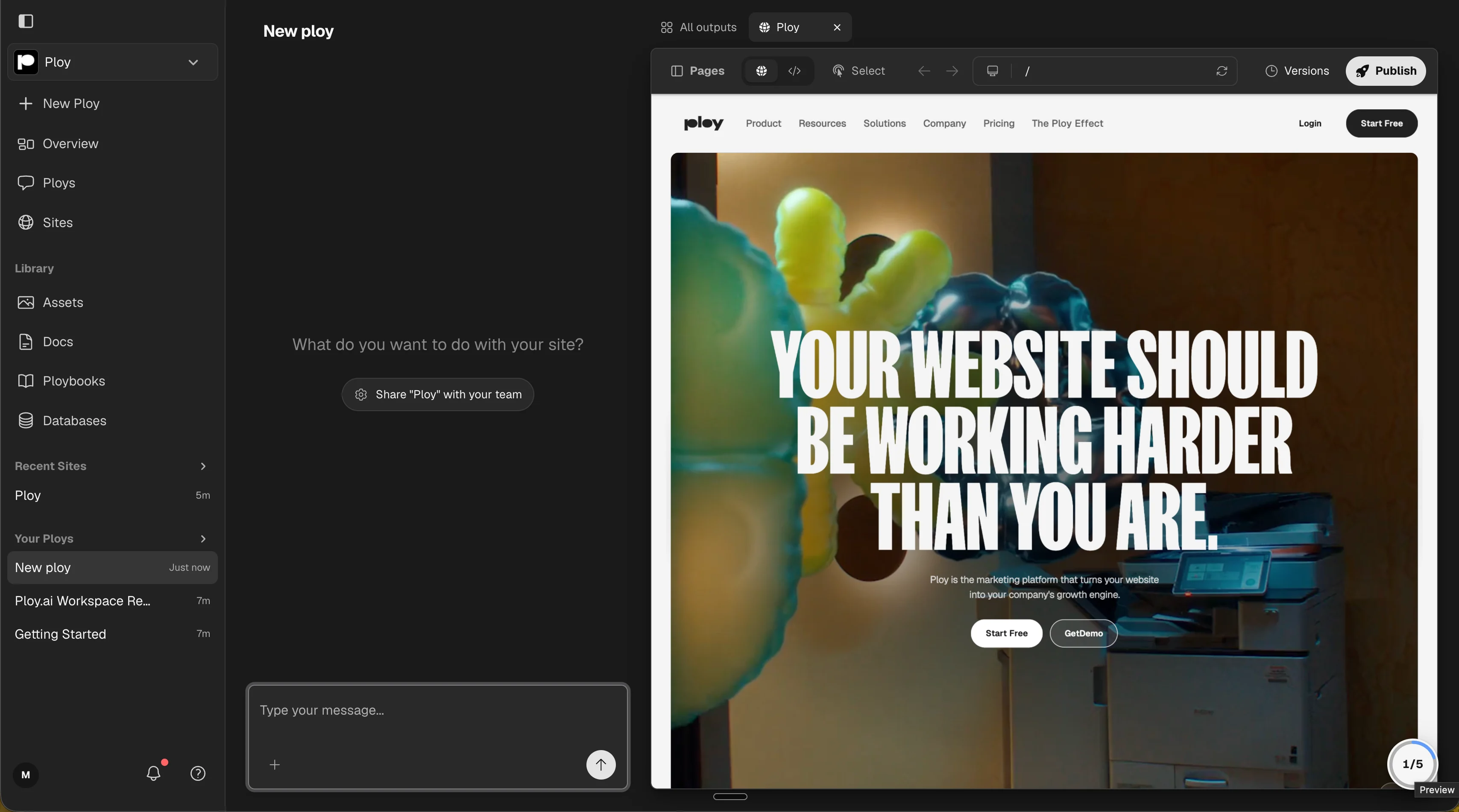 Ploy workspace with navigation, a new ploy conversation, and a live website preview