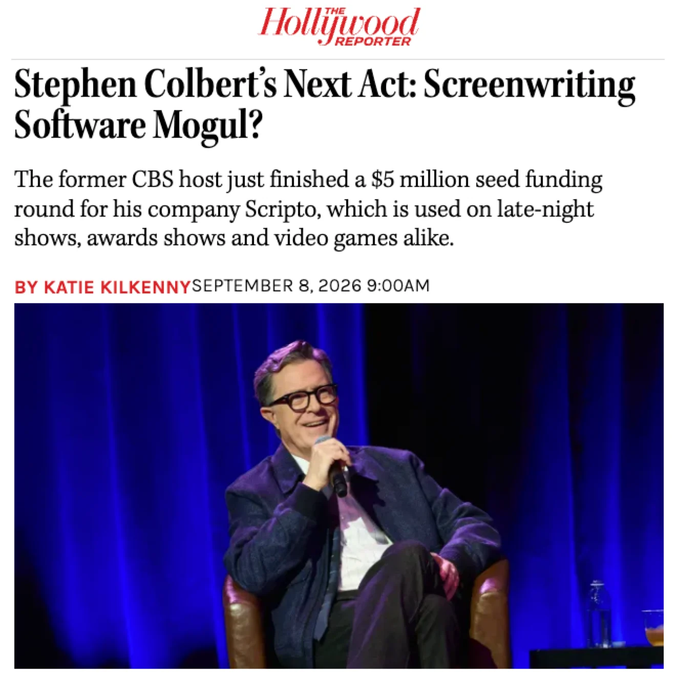 The Hollywood Reporter headline about Stephen Colbert and Scripto above a photo of Colbert onstage