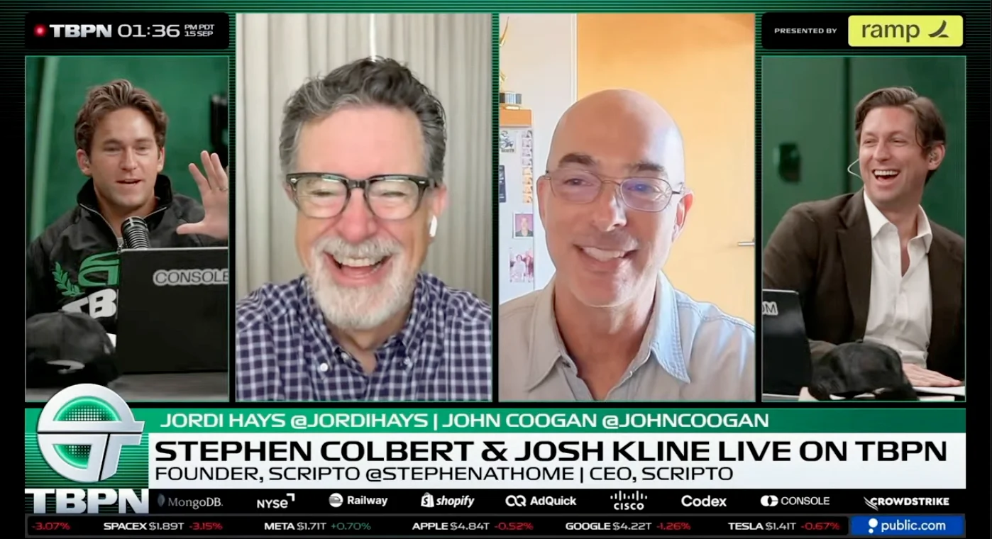 TBPN hosts Jordi Hays and John Coogan with Stephen Colbert and Scripto CEO Josh Kline