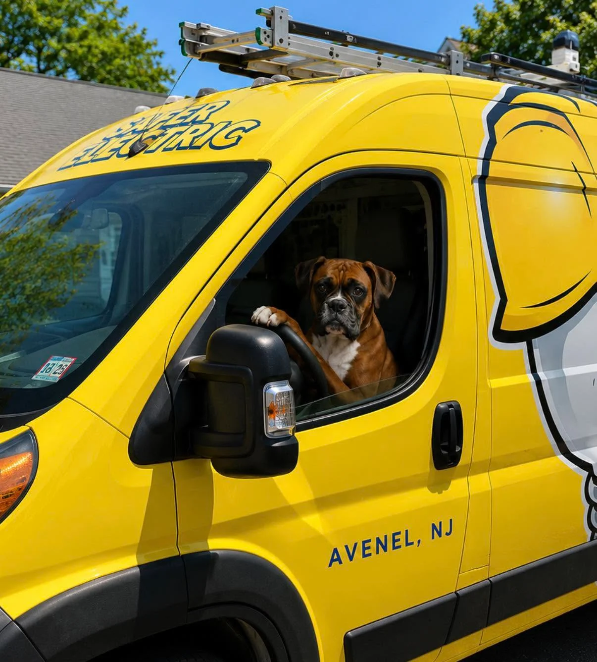 Yellow Safer Electric van with a dog at the driver's window