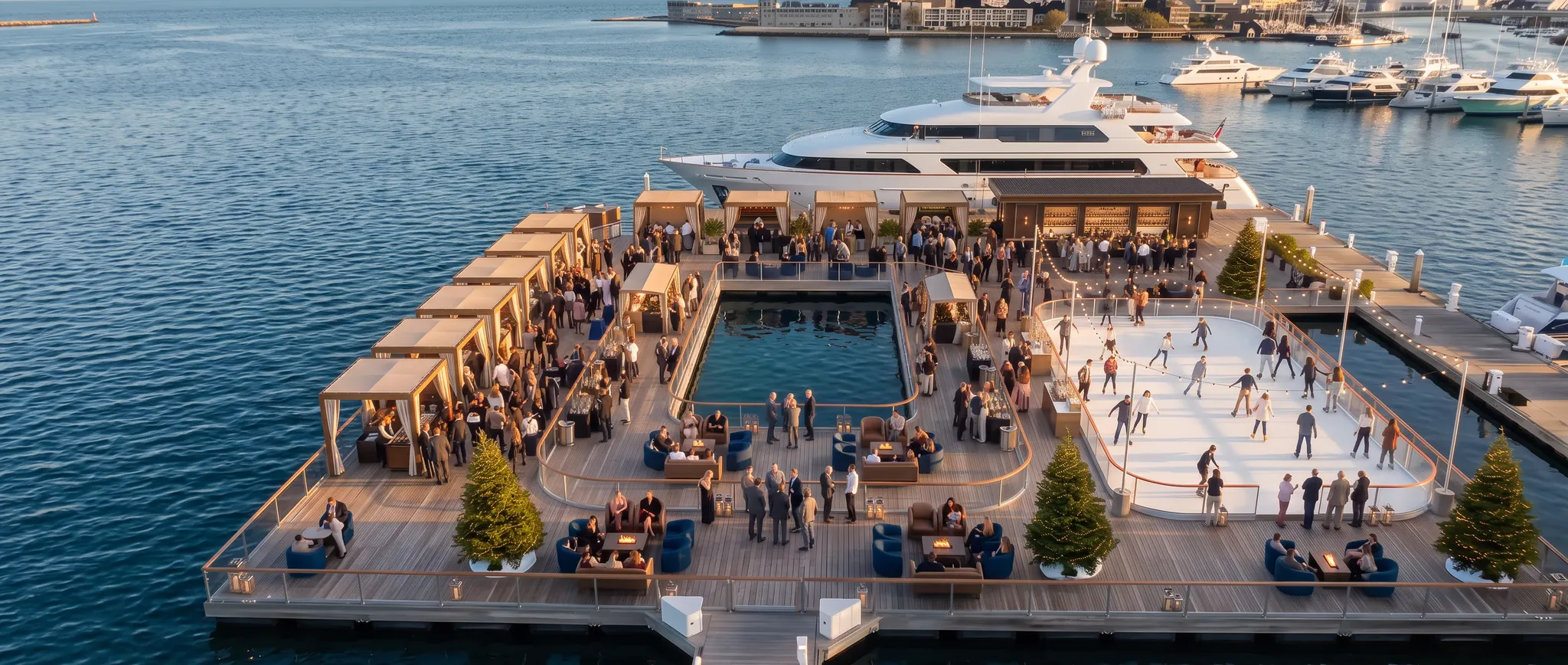 Concept rendering of The Water Crest holiday ice skating rink, hospitality bar, and winter market in Newport Harbor in warm pre-sunset daylight