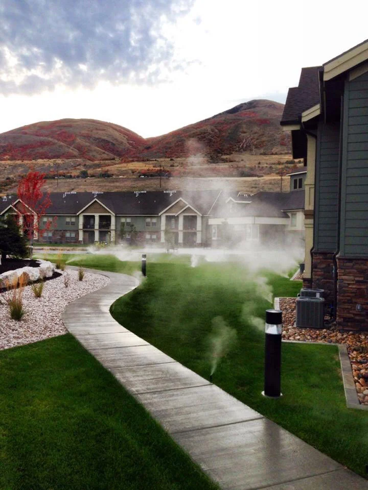Sprinklers watering a new lawn along a home walkway, with mountains behind