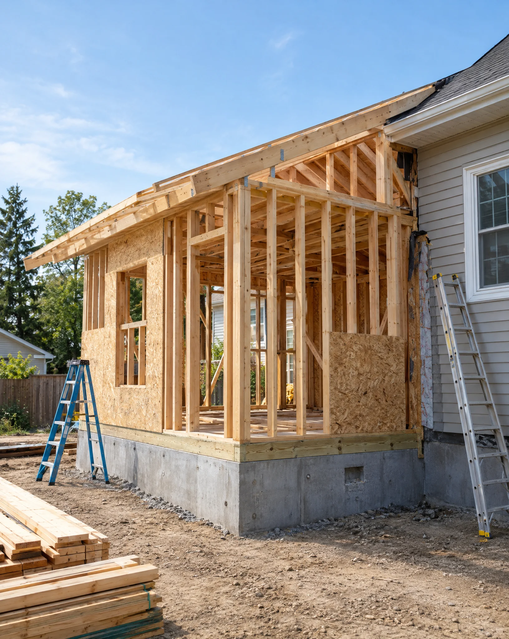 Illustrative home addition in progress with timber framing on a new concrete foundation beside the existing house; not a documented Three Strands project