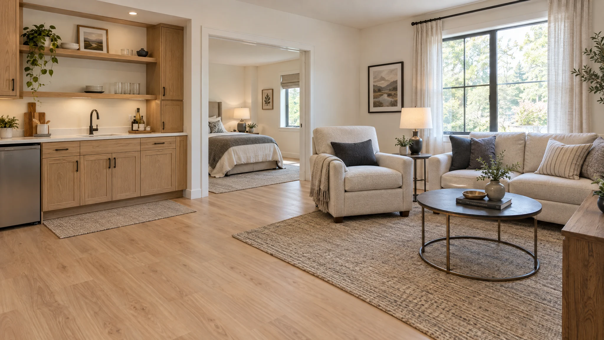 Illustrative in-law suite with an oak kitchenette, sitting area and adjoining bedroom; not a completed Three Strands project