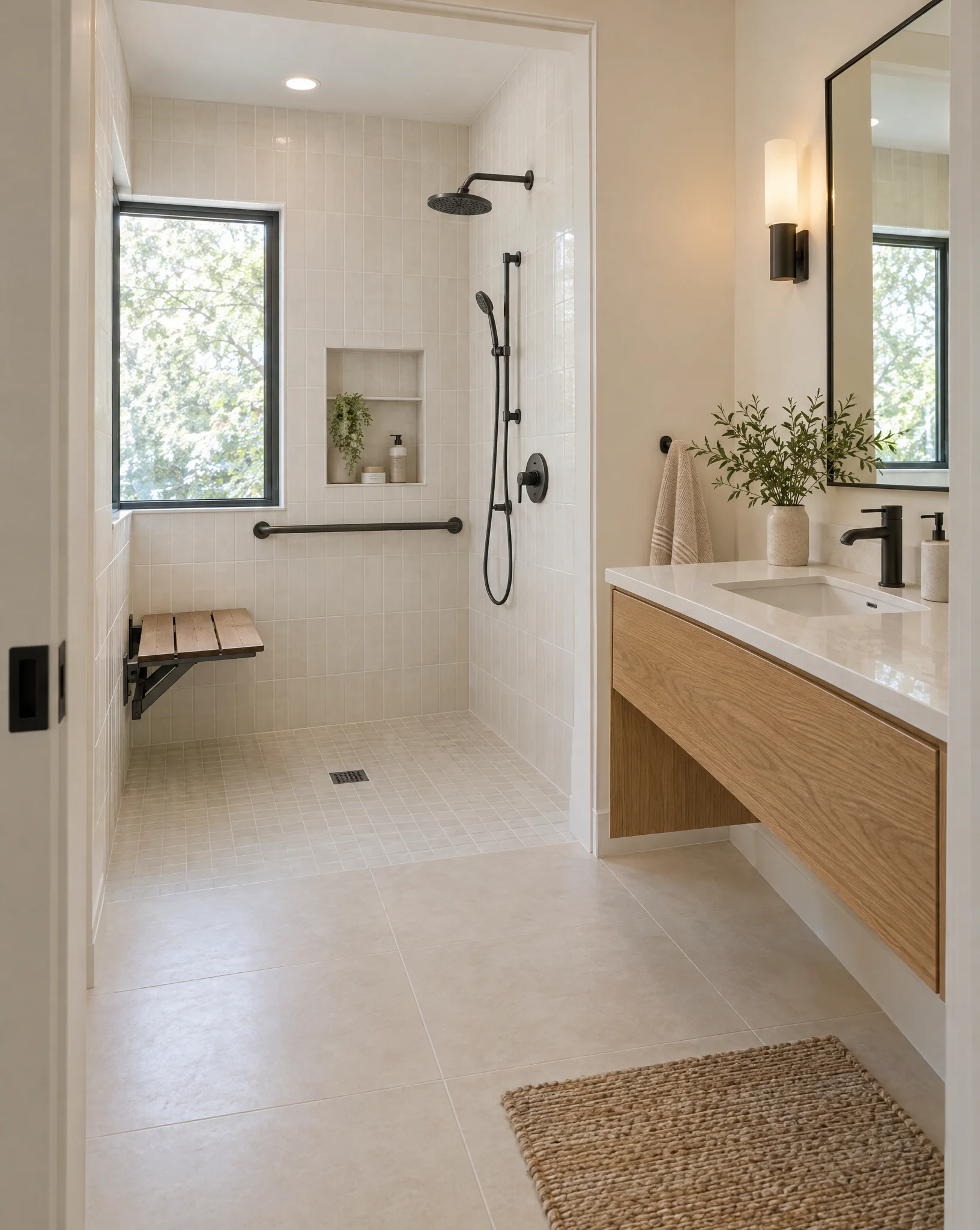 Illustrative accessible bathroom with a curbless shower, fold-down bench, grab bar and floating oak vanity; not a completed Three Strands project