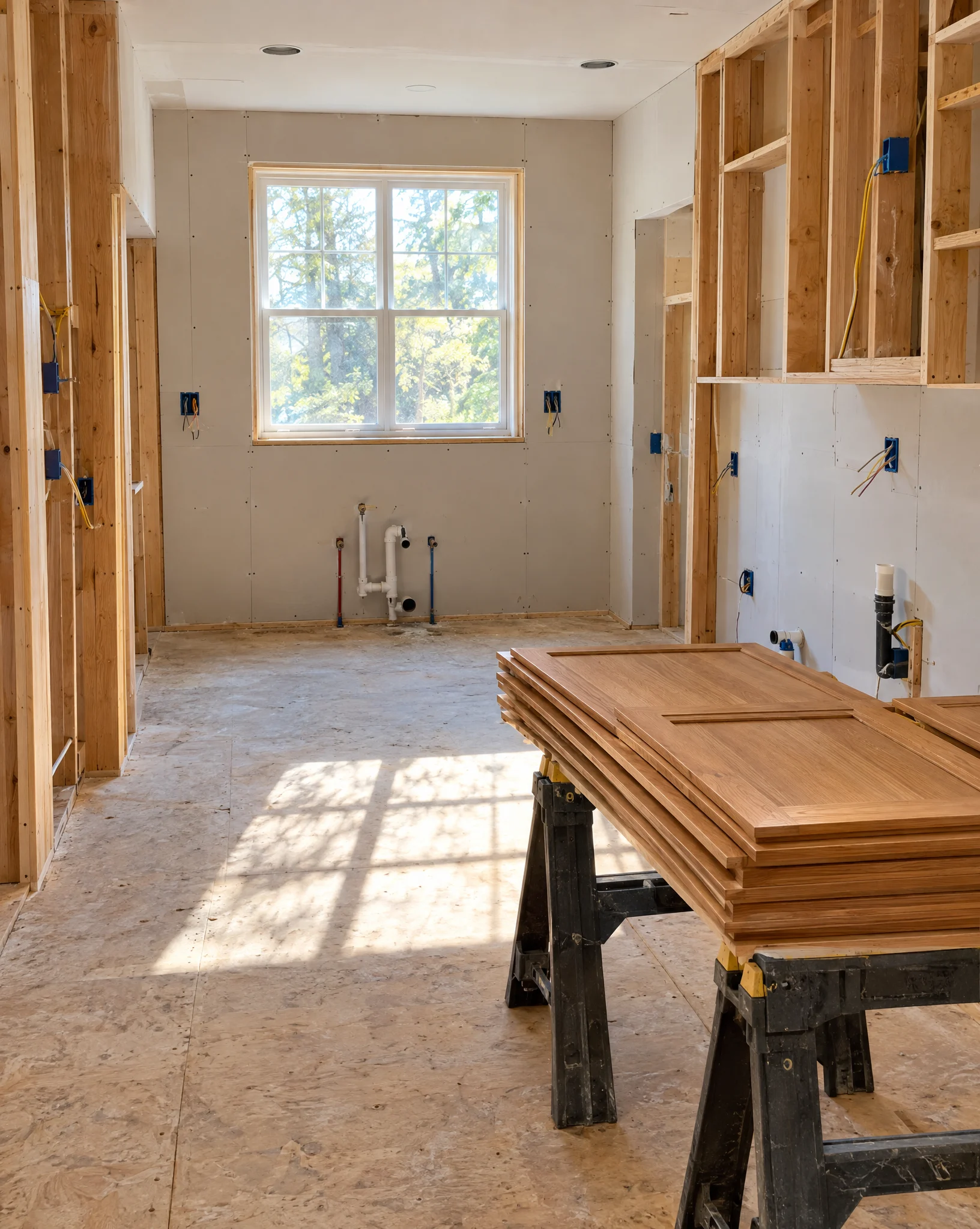Illustrative kitchen remodel in progress with new drywall, plumbing rough-in and stacked oak cabinet doors; not a documented Three Strands project
