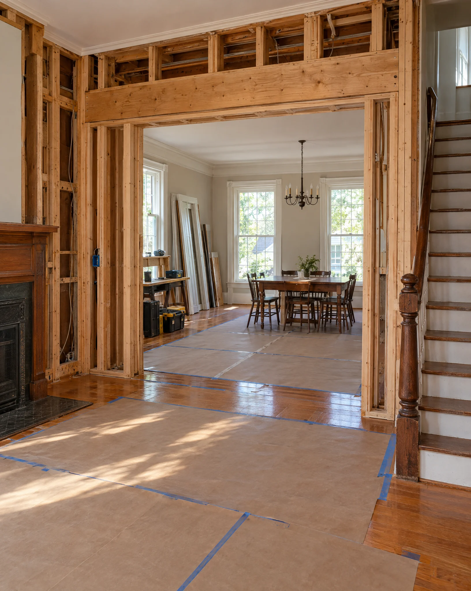 Illustrative older home mid-renovation with an opened wall, new header beam and protected hardwood floors; not a documented Three Strands project