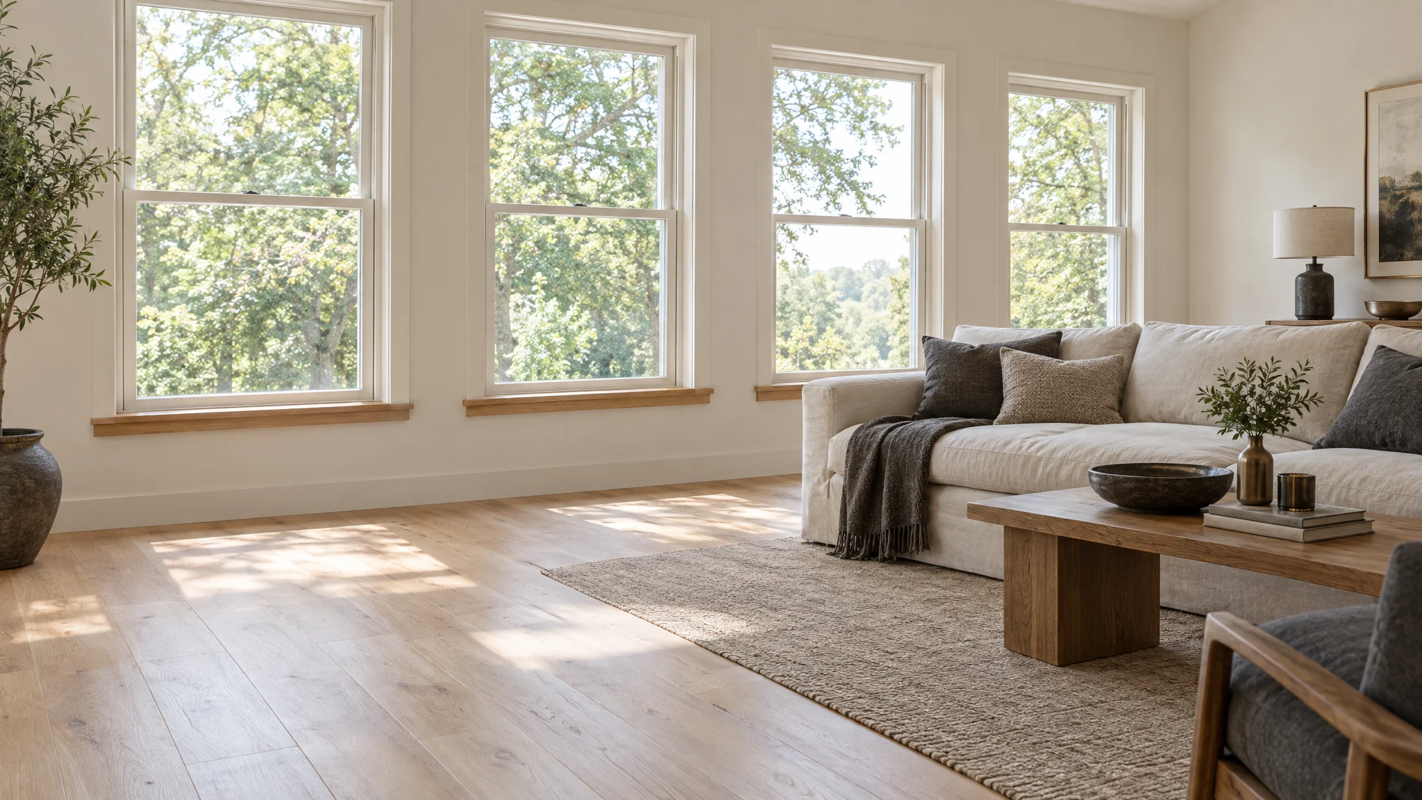 Illustrative living room with a row of new double-hung windows and oak sills; not a completed Three Strands project