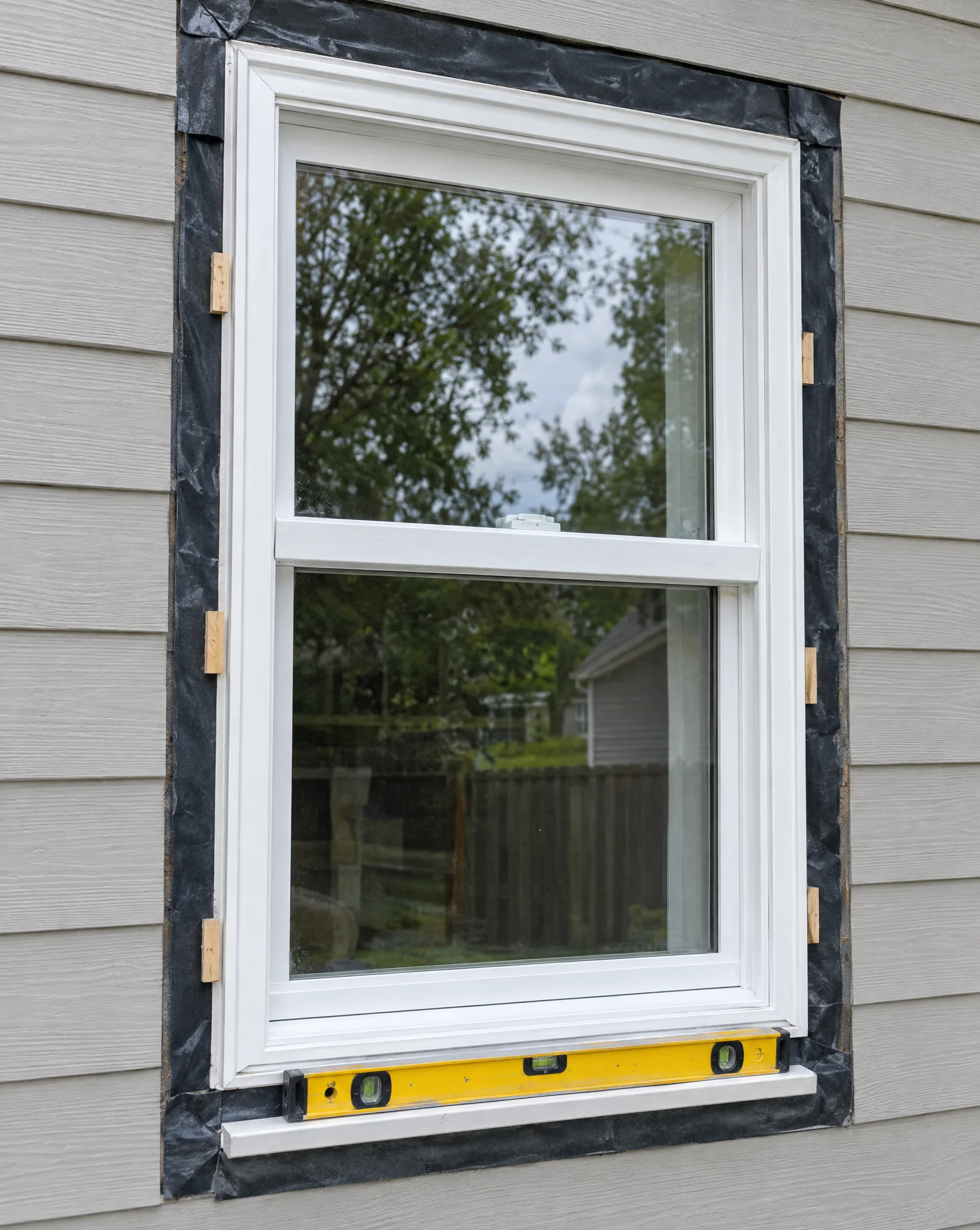 Illustrative replacement window being installed with flashing tape, shims and a level on the sill; not a documented Three Strands project