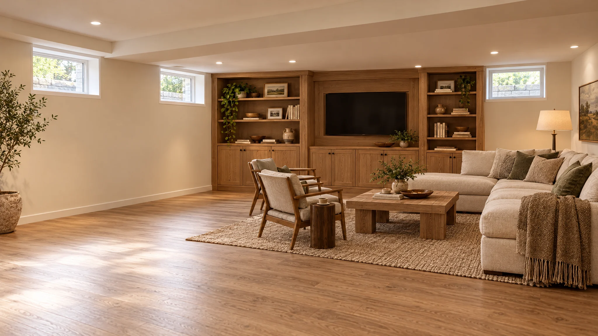 Illustrative finished basement with high windows, oak storage cabinetry and a neutral sectional; not a completed Three Strands project