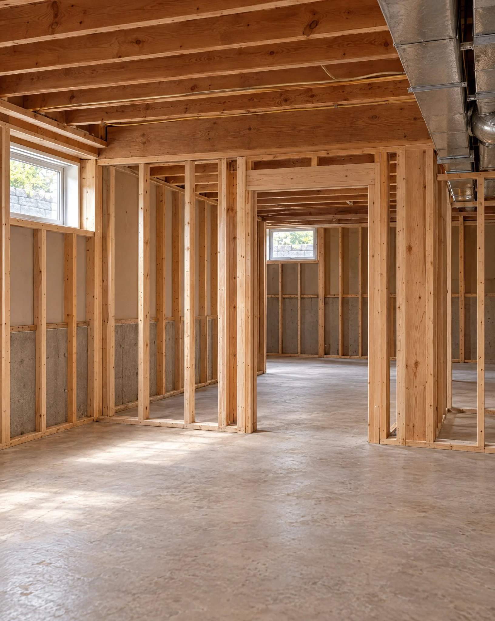 Illustrative basement renovation in progress with exposed timber framing, concrete floor and overhead ductwork; not a documented Three Strands project