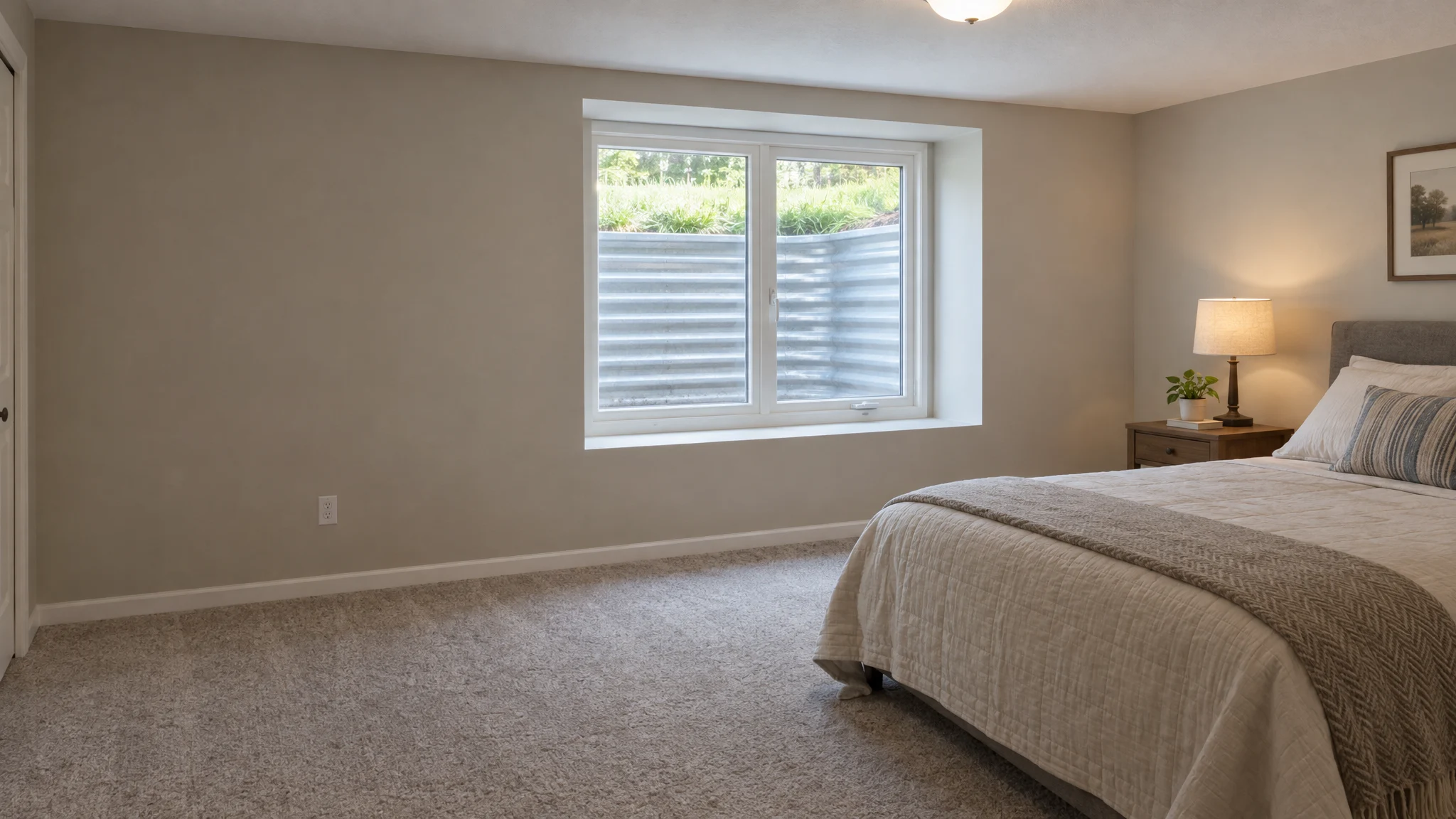 Illustrative finished basement bedroom with a large casement egress window and steel window well; not a completed Three Strands project