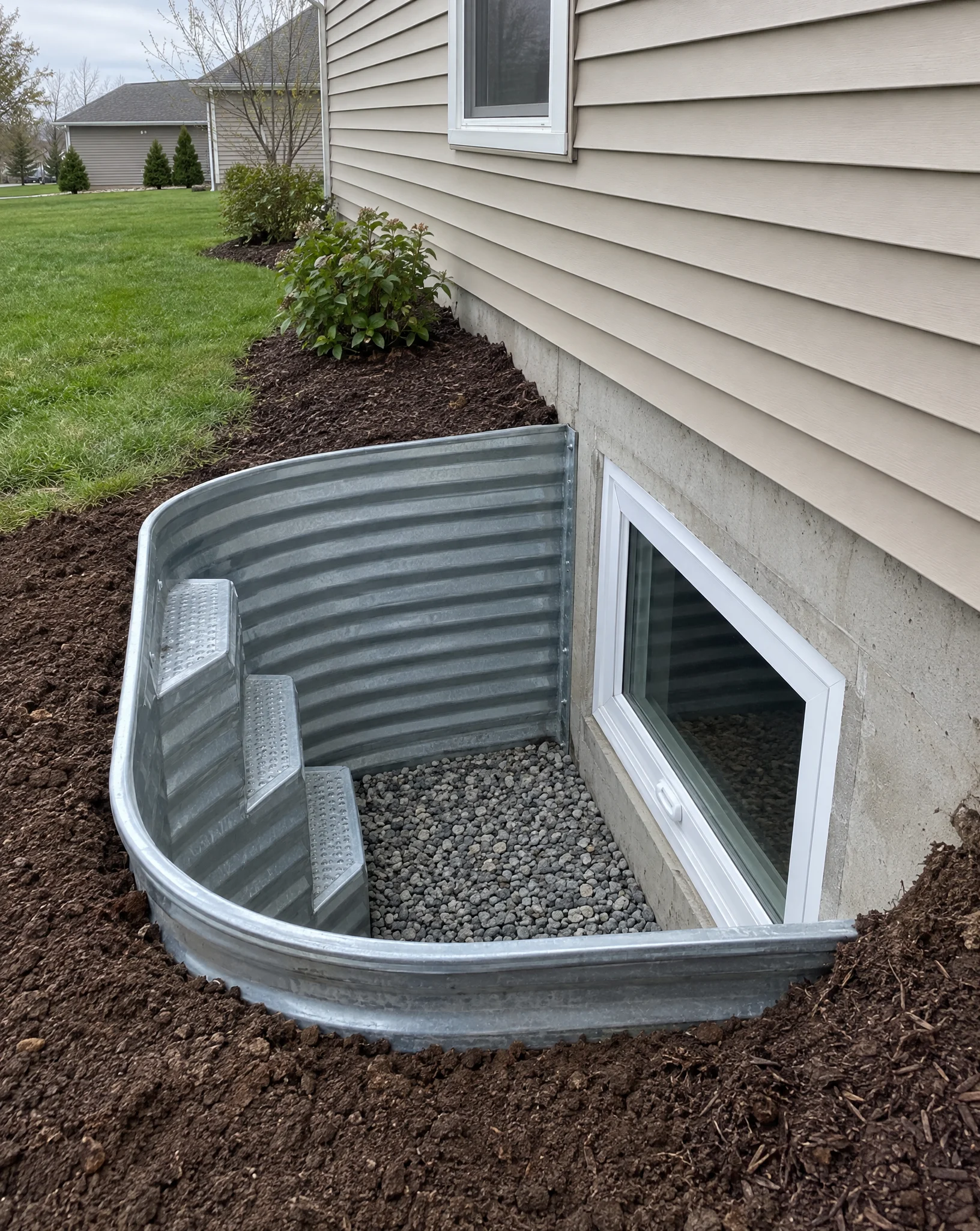 Illustrative galvanized egress window well with built-in steps and a gravel base outside a basement window; not a completed Three Strands project