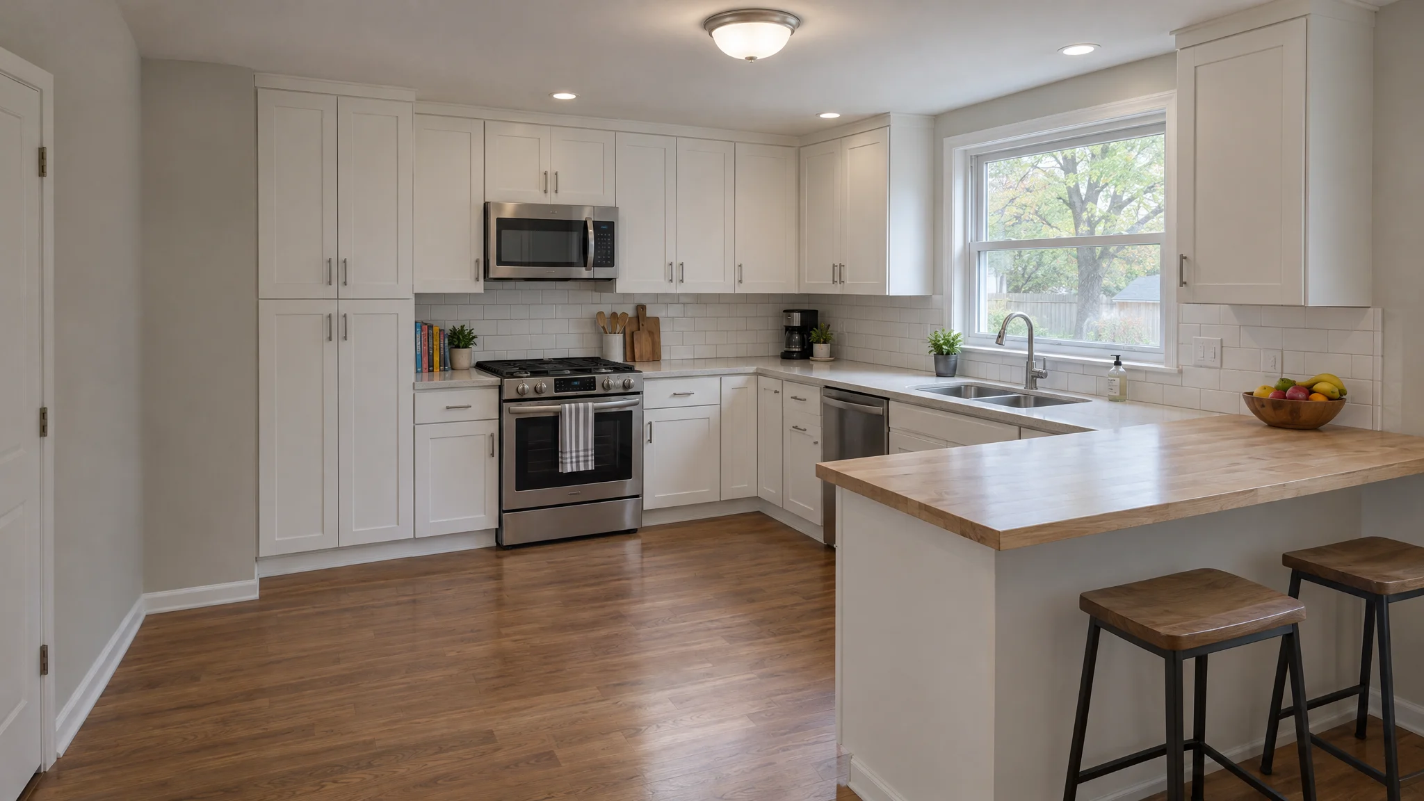 Illustrative remodeled ranch-home kitchen with white shaker cabinets, subway tile and a butcher-block peninsula; not a completed Three Strands project