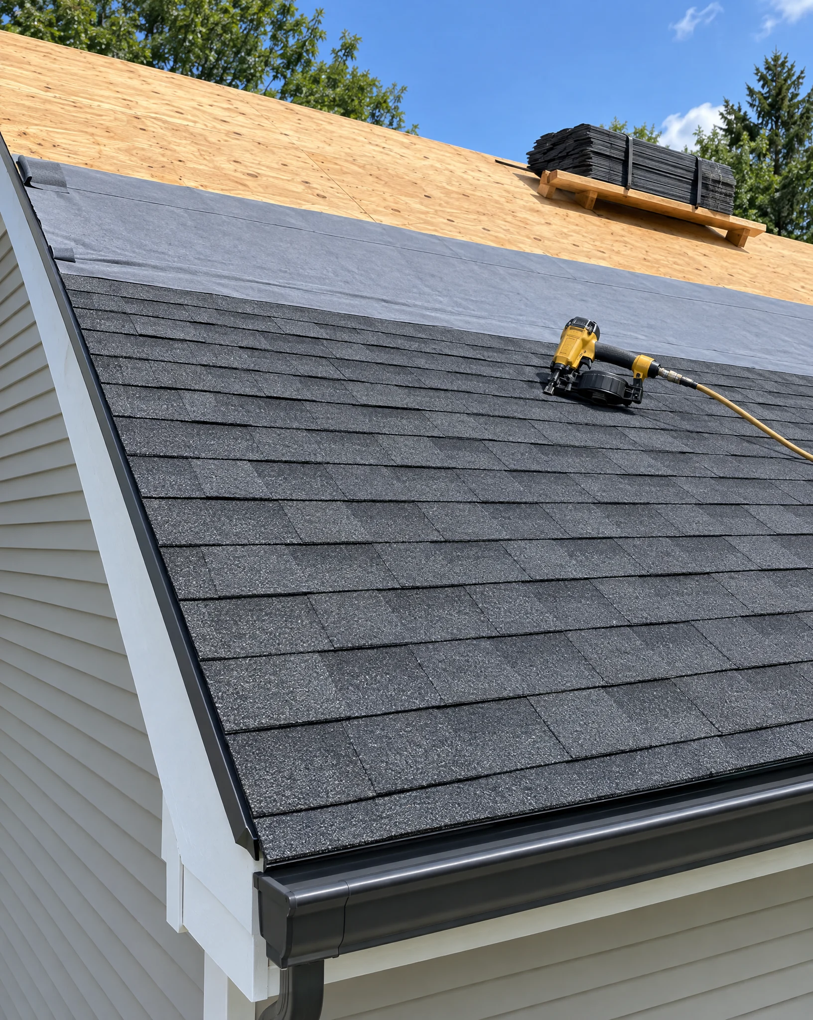 Illustrative roof replacement in progress with new charcoal architectural shingles laid out to the roof edge over underlayment and decking; not a documented Three Strands project