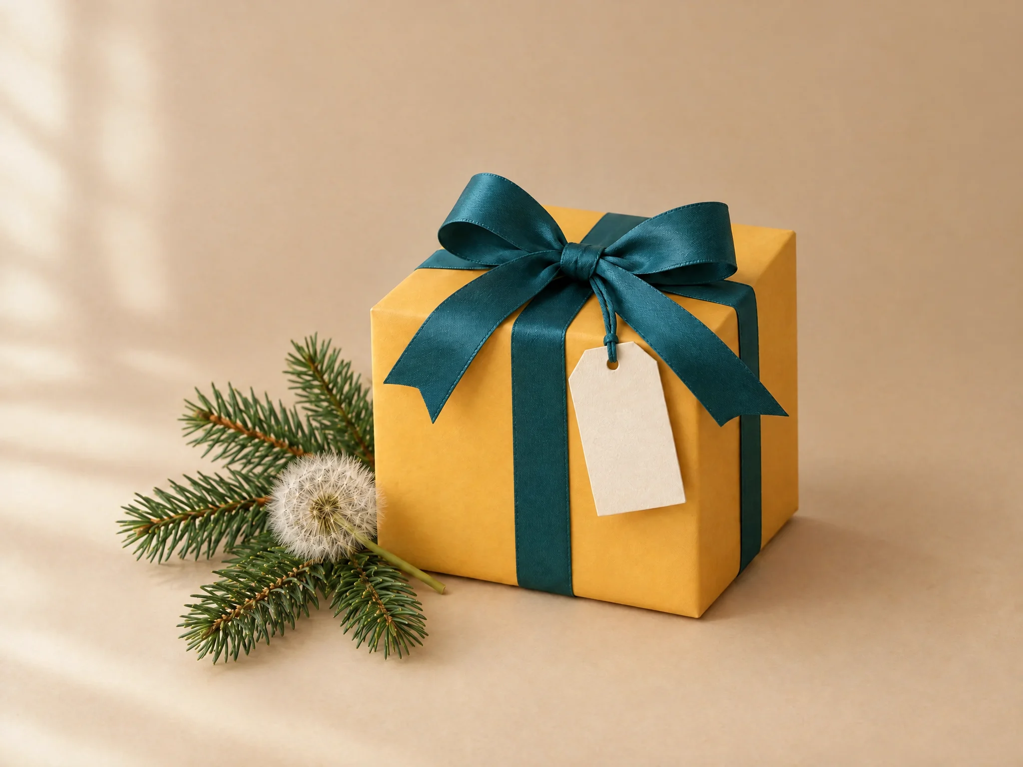 A gift box wrapped in golden paper with a teal ribbon, a blank gift tag, and evergreen sprigs