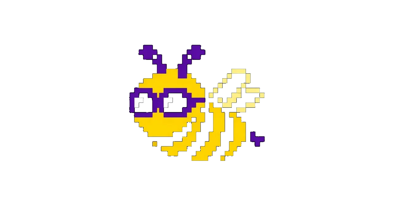 Yellow and purple pixel-art Makea bee mascot for the robotics supply-chain programme