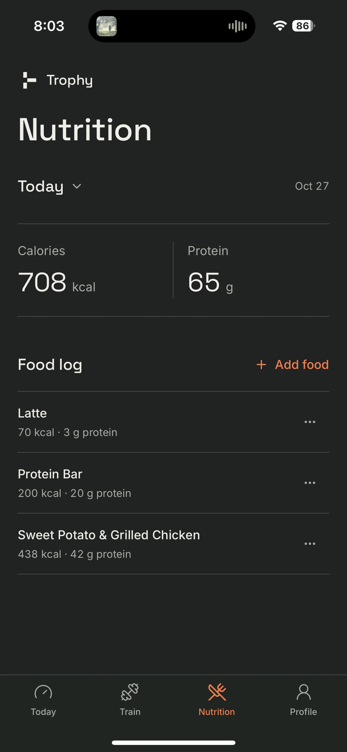 Trophy's Nutrition screen: today's calories and protein totals above a food log with a latte, a protein bar and sweet potato with grilled chicken.