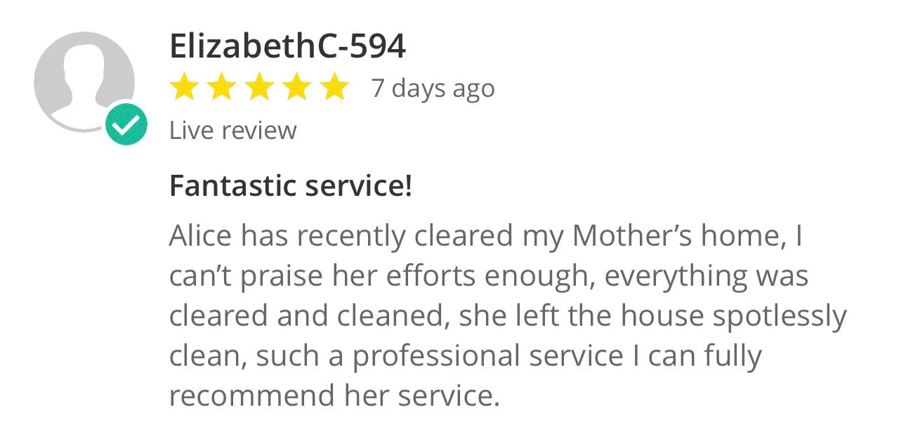 Original customer review 5 shared by Property Clearance North West