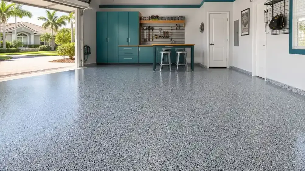 Finished gray flake garage floor