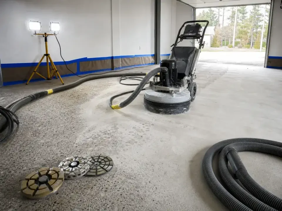 Garage concrete being ground before coating