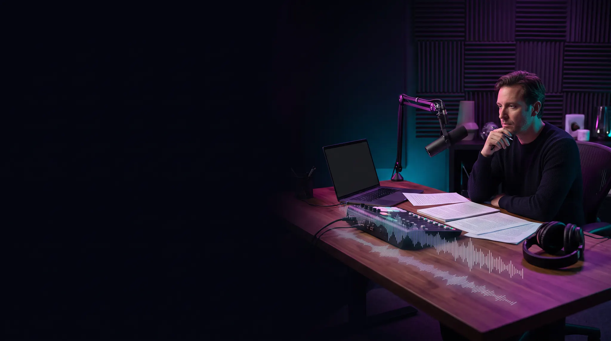 Fiction creator developing a cinematic audio scene at a studio desk
