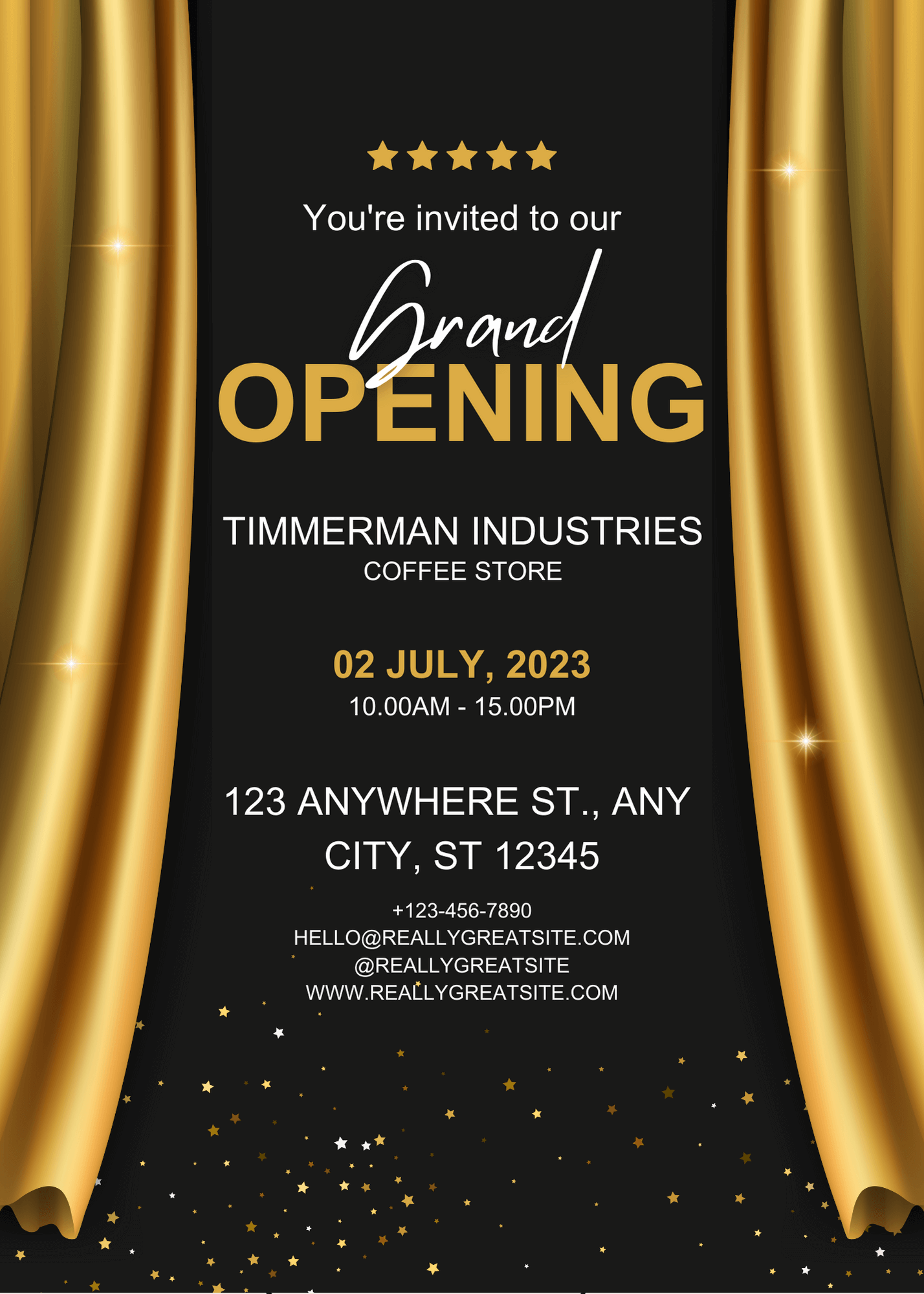 Black and gold grand opening invitation designed in Canva