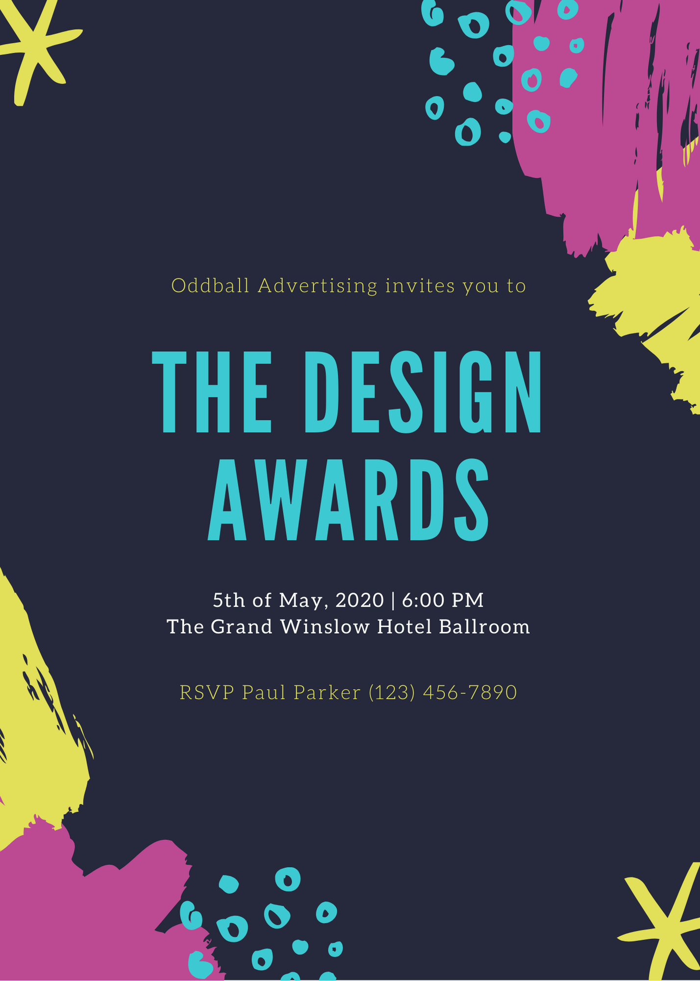 Dark award night invitation with teal, pink, and gold accents designed in Canva