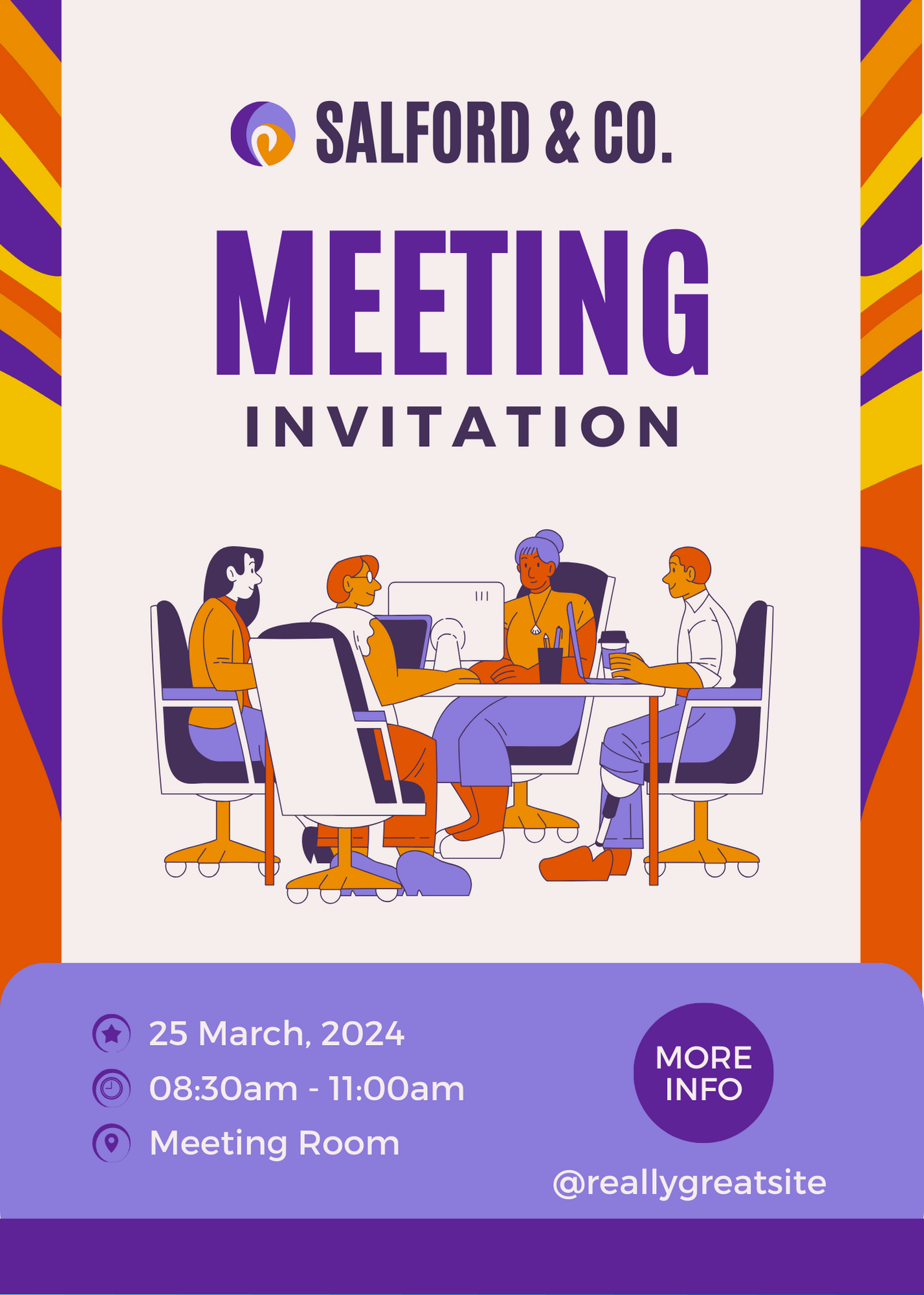 Purple and orange professional business meeting invitation designed in Canva
