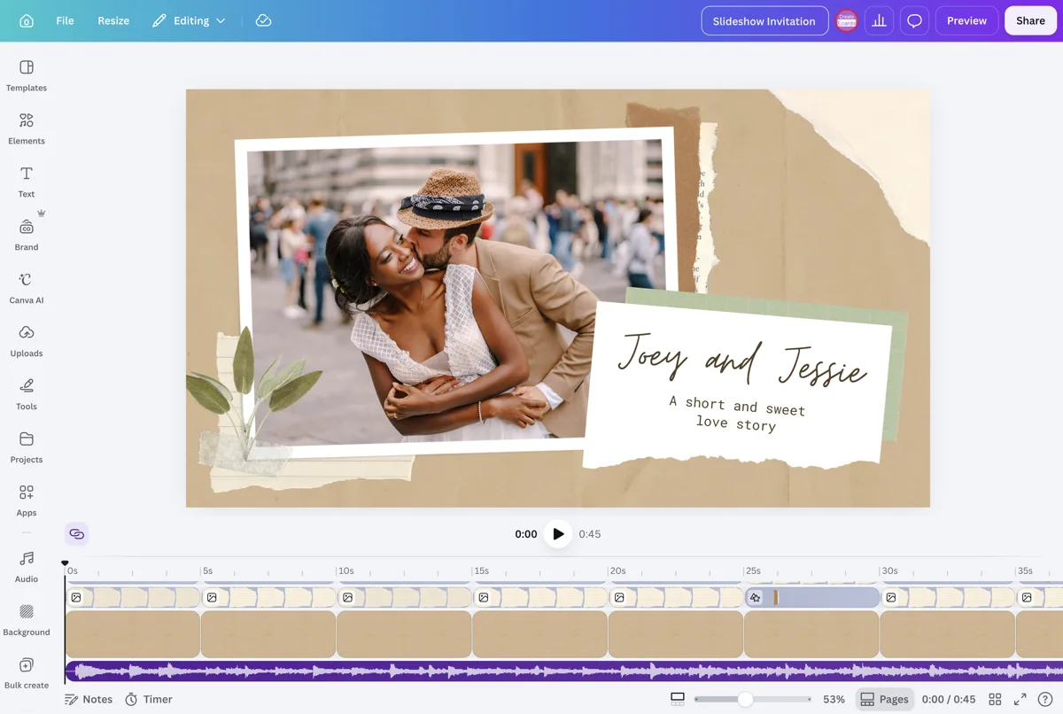 A complete slideshow invitation inside Canva with its timeline visible