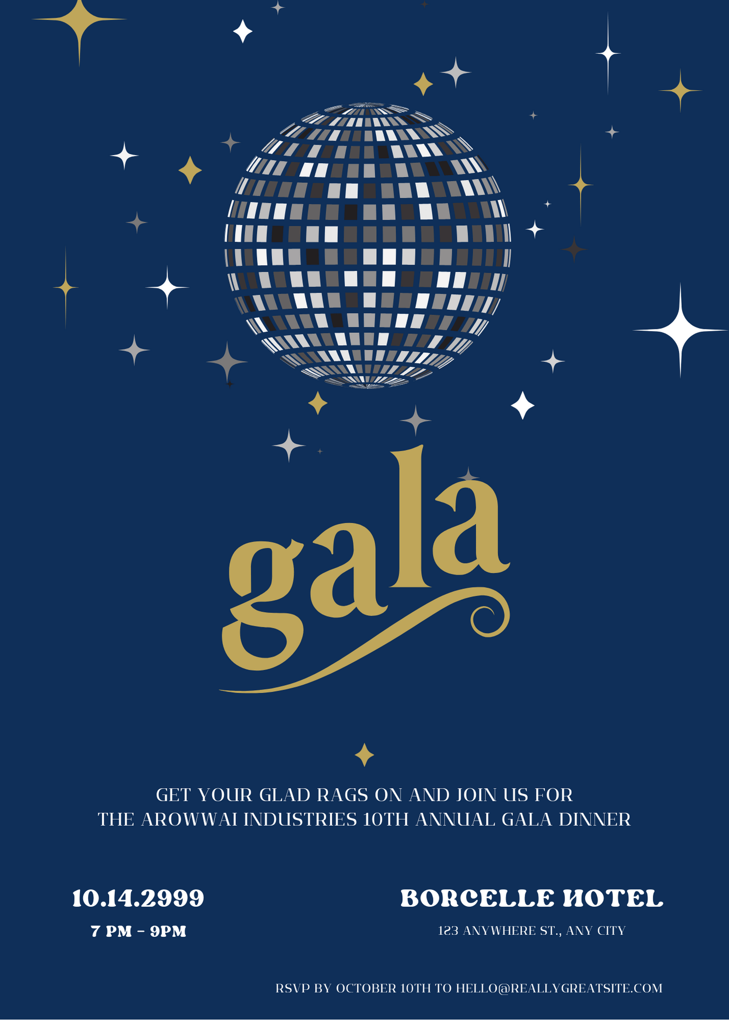 Navy and gold formal gala event invitation designed in Canva