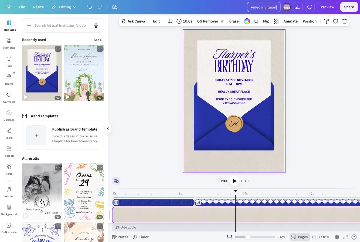 A complete video invitation inside Canva with its timeline visible