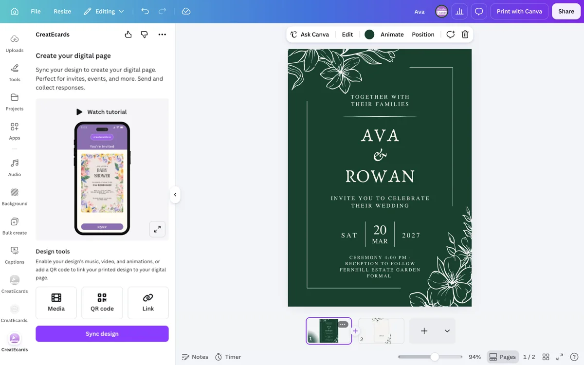 A complete invitation inside Canva with the Animate control visible