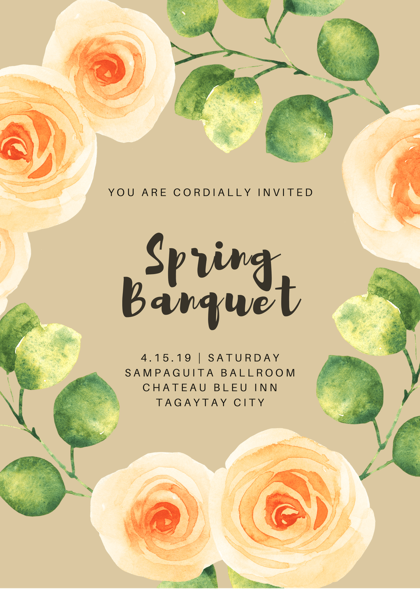 Warm cream, green, and orange banquet invitation designed in Canva